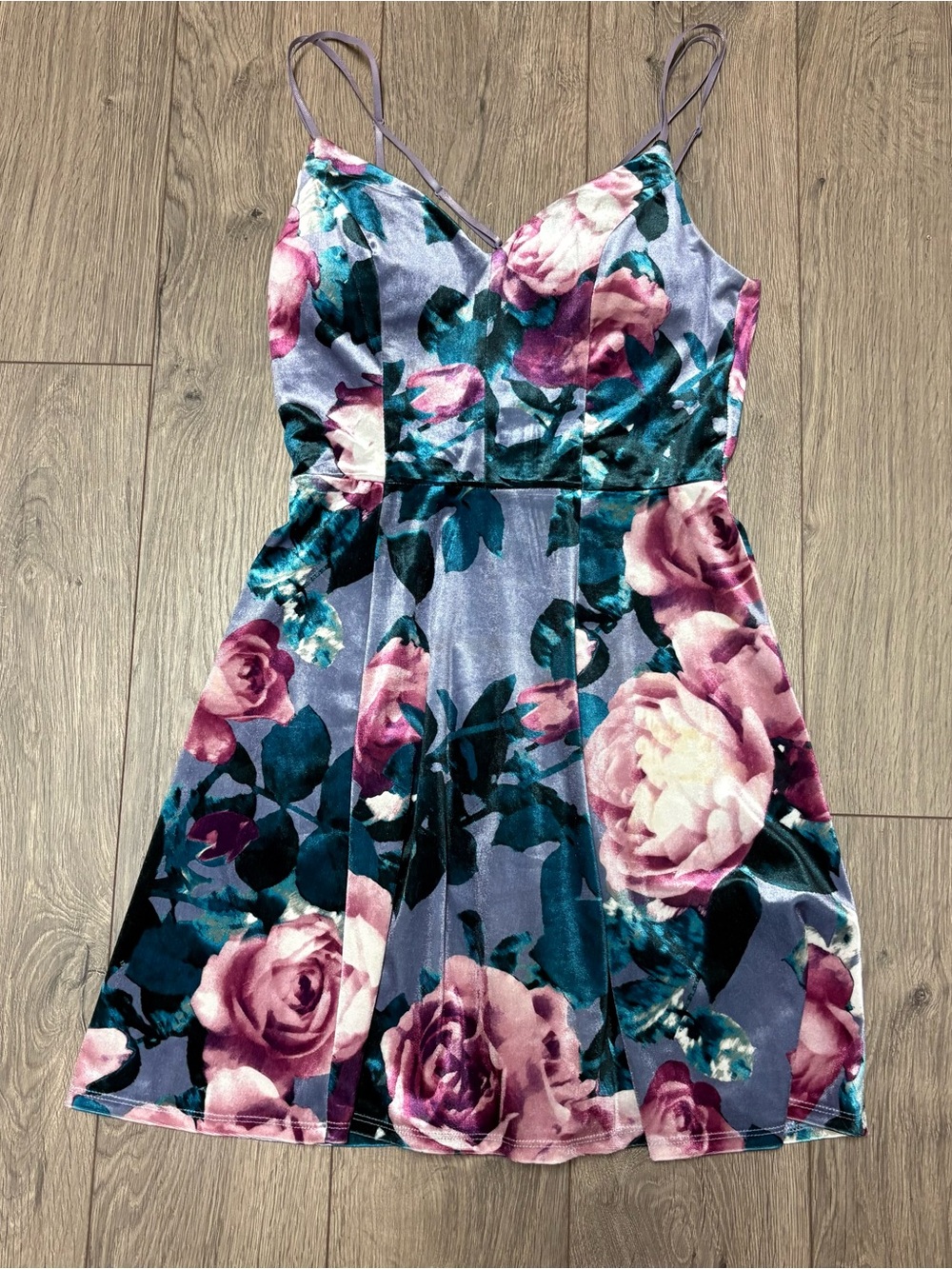 Rose patterned purple velvet y2k mini dress